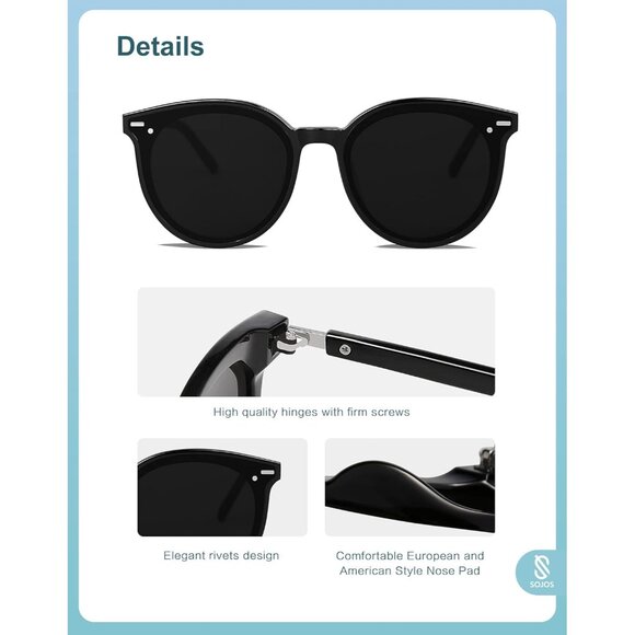 🆕SOJOS Womens Shiny Black Classic Round Retro Vintage Large Frame Sunglasses - Picture 7 of 8